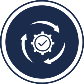 A circular icon with arrows and an image of a clock.