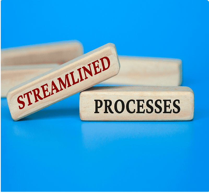 A stack of wooden blocks with the words streamlined and processes written on them.